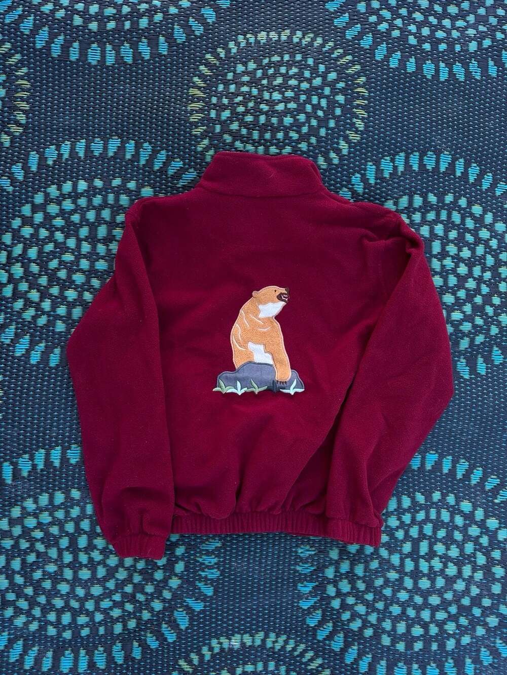 Vintage Bear Embroidered Red Fleece Jacket